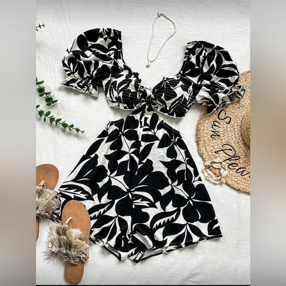 SHEIN Floral Black and White Romper